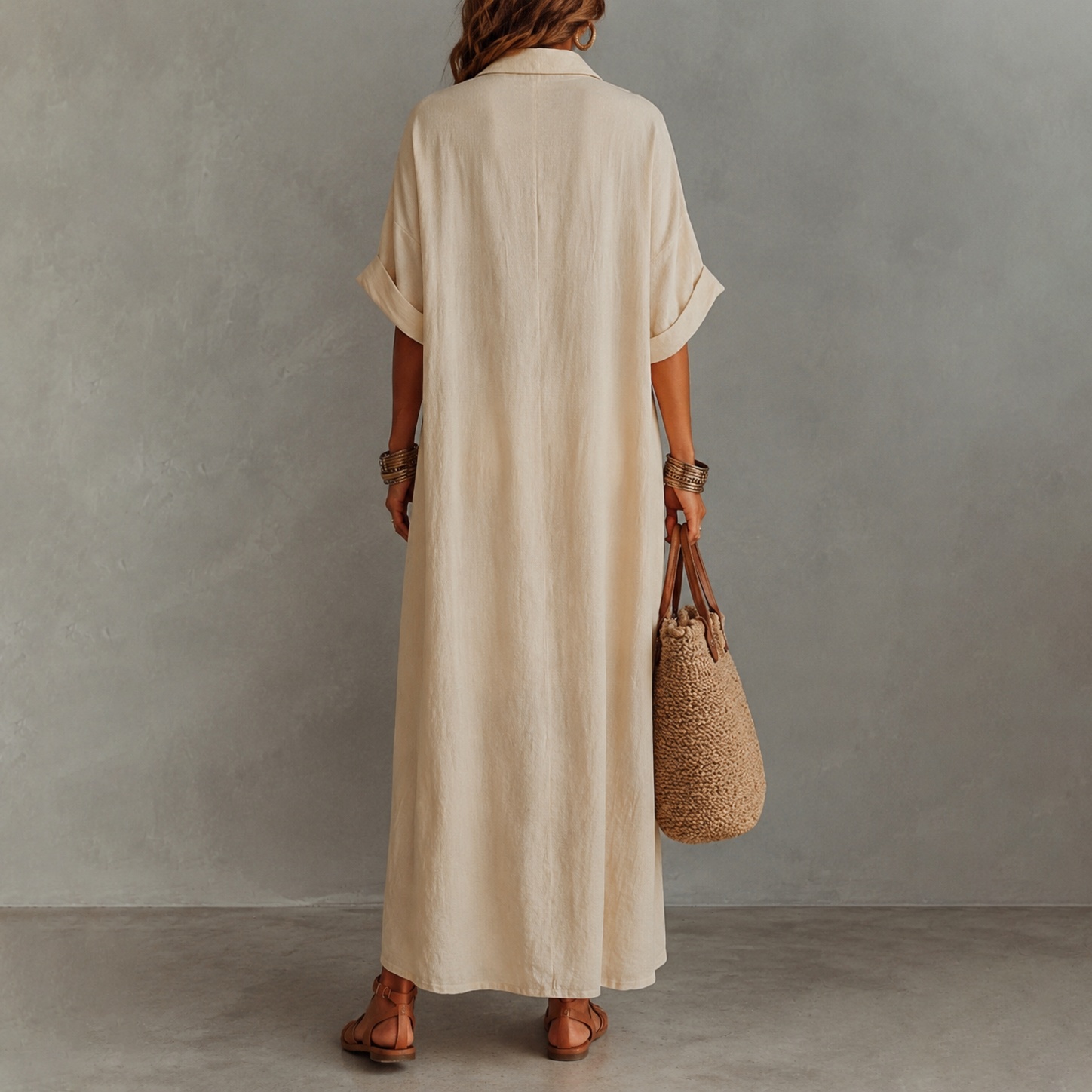 Retro Minimalist Style Loose Solid Color Short-sleeved Shirt Maxi Dress