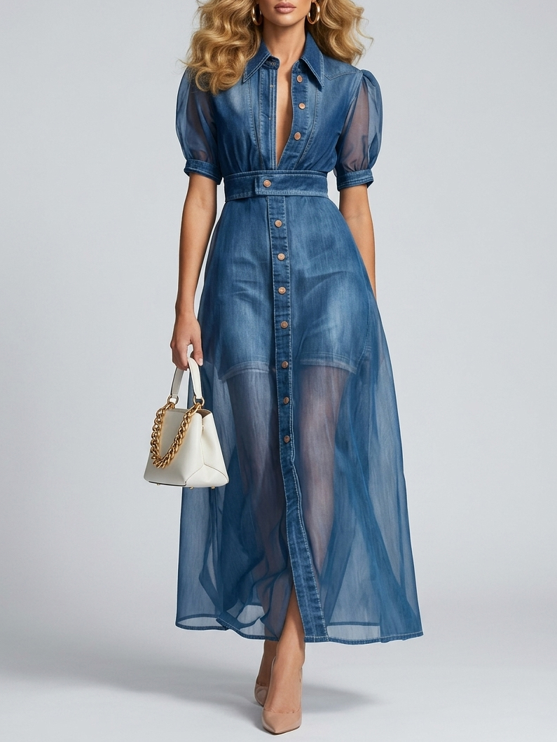 Soft Tencel Denim Elegant Plain Puff Sleeve Split Joint Shirt Collar Maxi Dress