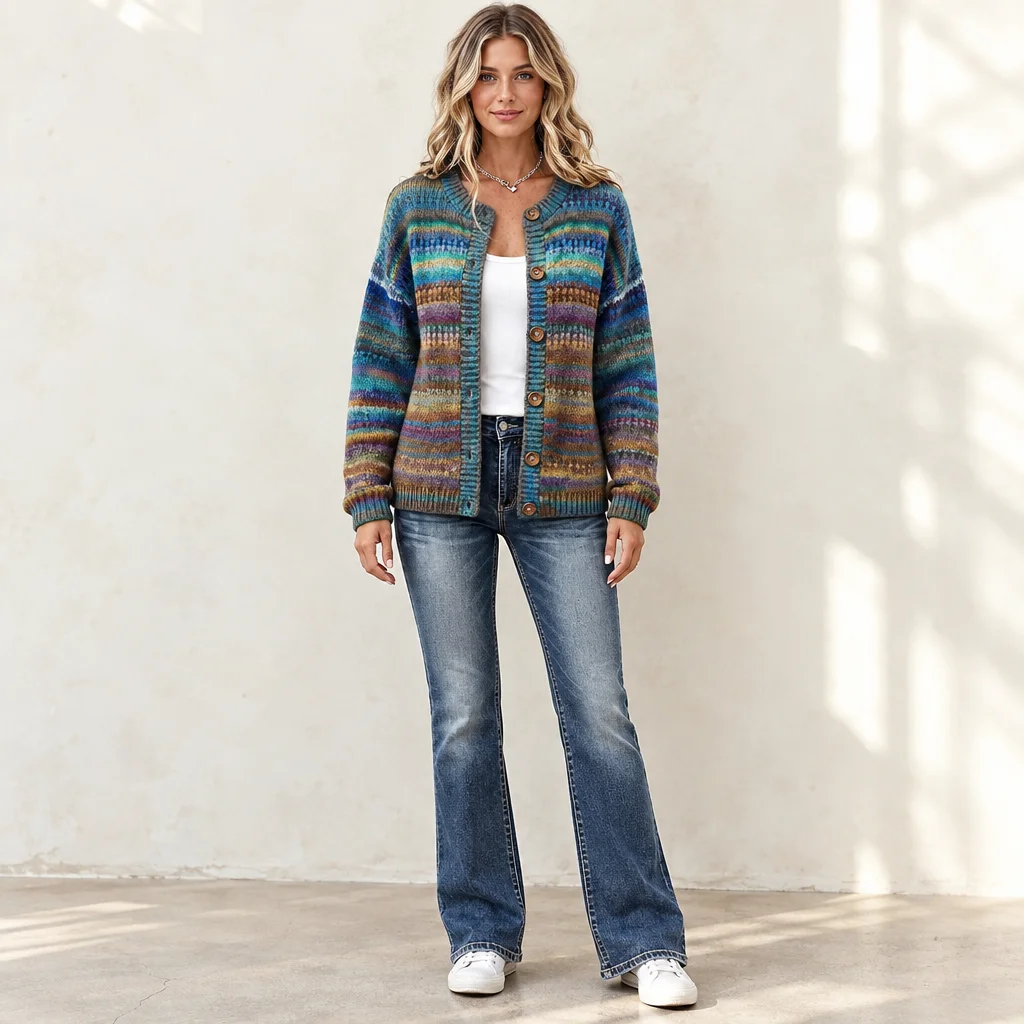 Women's Vintage Teal Multicolor Stripe Pattern Relaxed Fit Button Front Knit Cardigan Sweater
