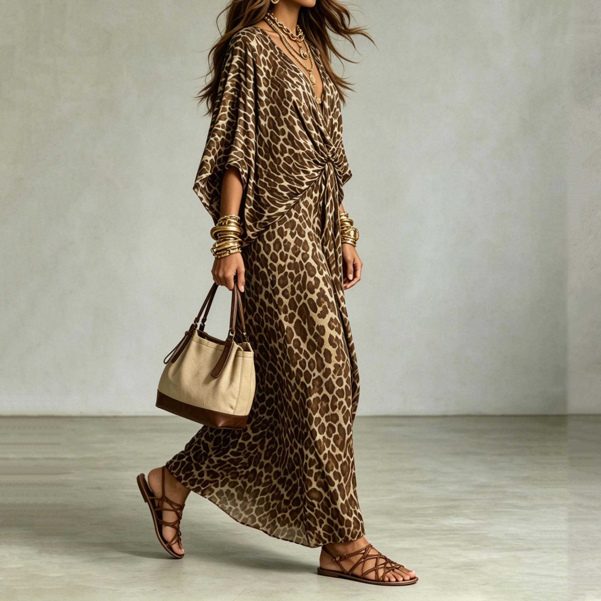 Vacation V-neck  Leopard Print Waist Beach Maxi Dress
