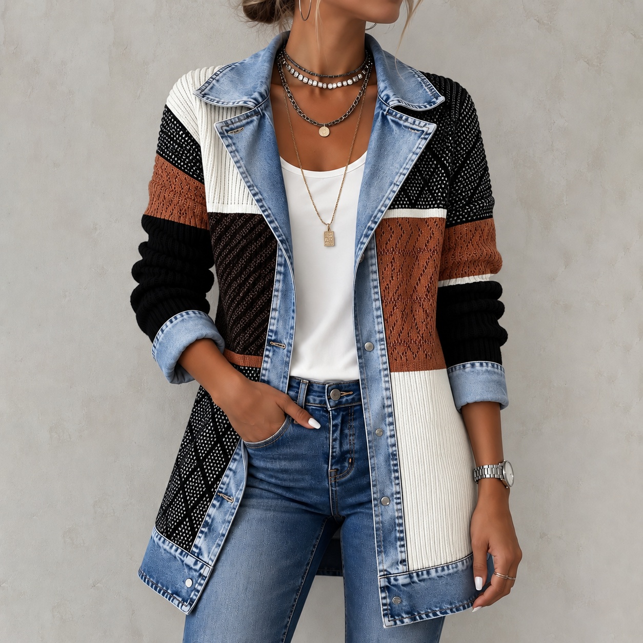 Elegant Long-sleeved Patchwork Jacket