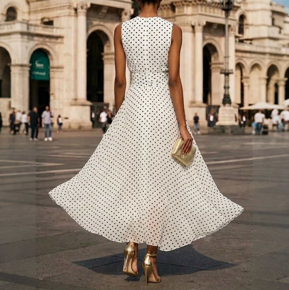 Women's French Style Waist-skimming Polka Dot Sleeveless Dress