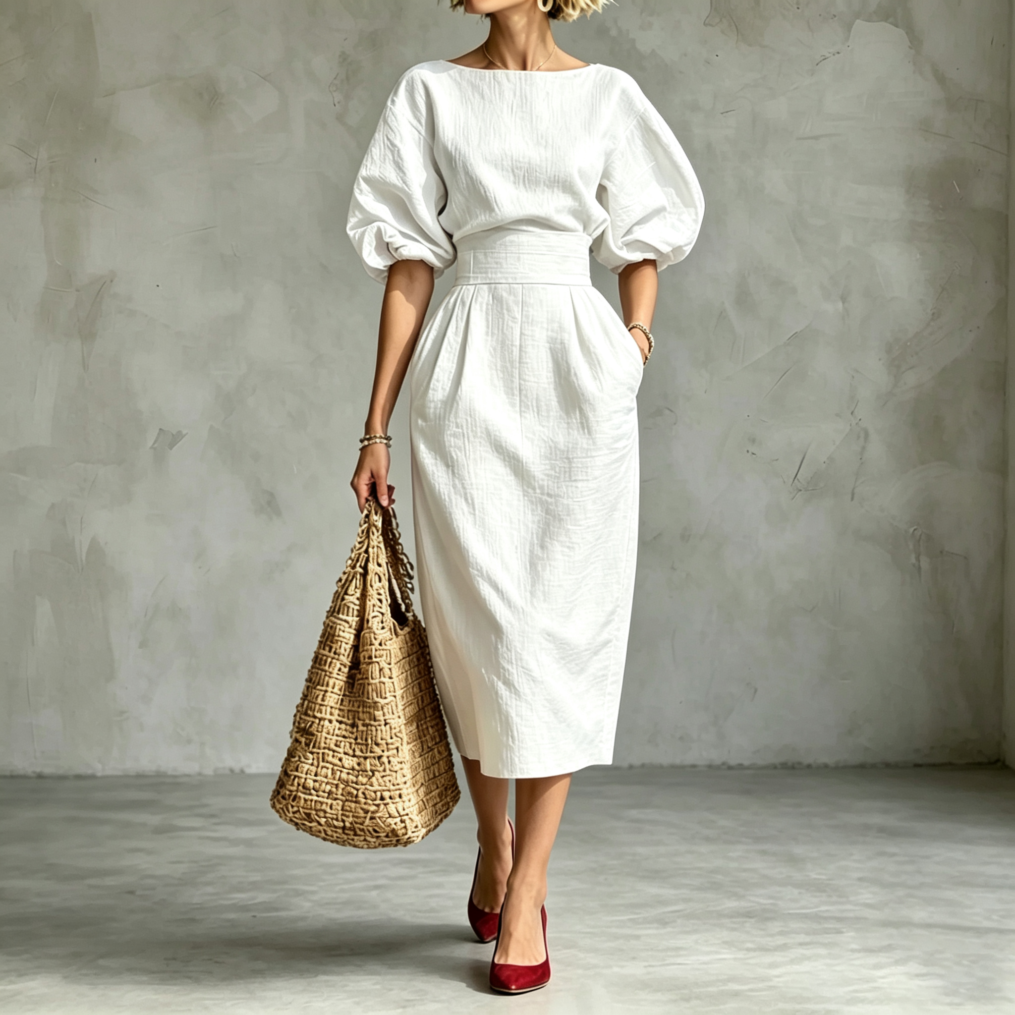 Elegant Pleated Waist Boat Neck A-line Skirt With Puff Sleeves Max Dress