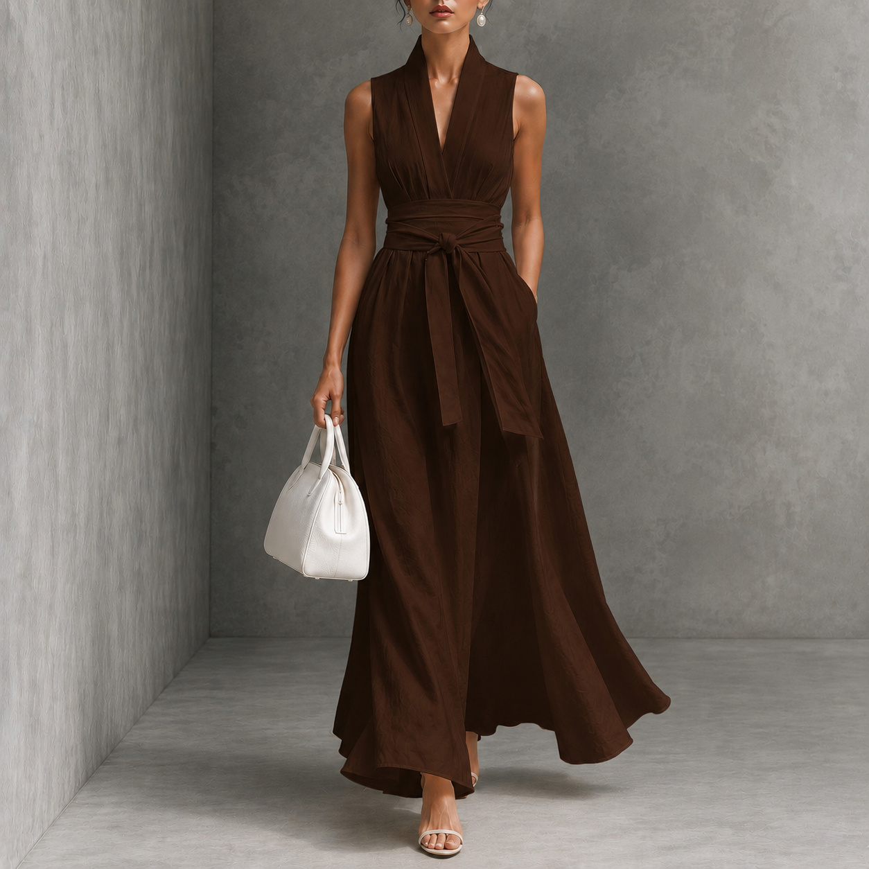 Elegant Solid Color V-neck Sleeveless Off-shoulder Fitted Waist Tie Maxi Dress