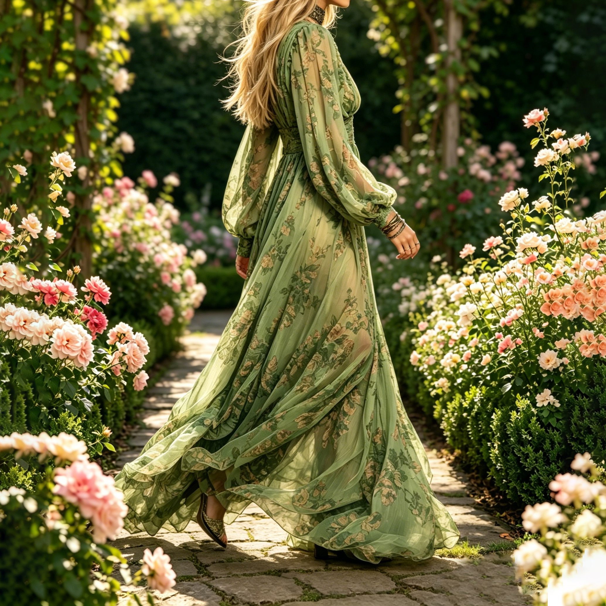 Retro Romantic Floral V-neck Long Sleeve Maxi Dress