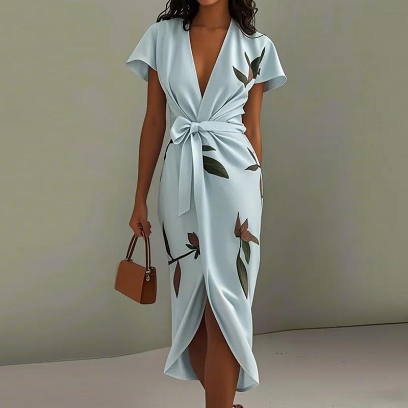 Stylish Satin Print Belted Dress