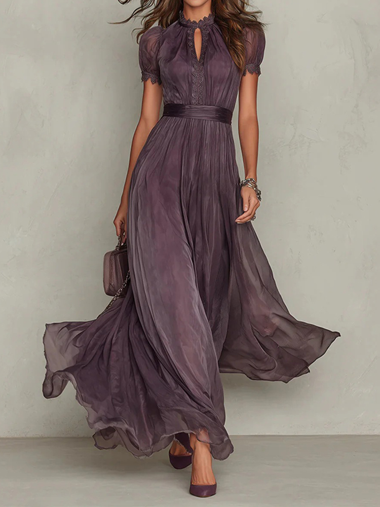 Elegant Turtleneck Lace Spliced ​​flowing Chiffon Dress