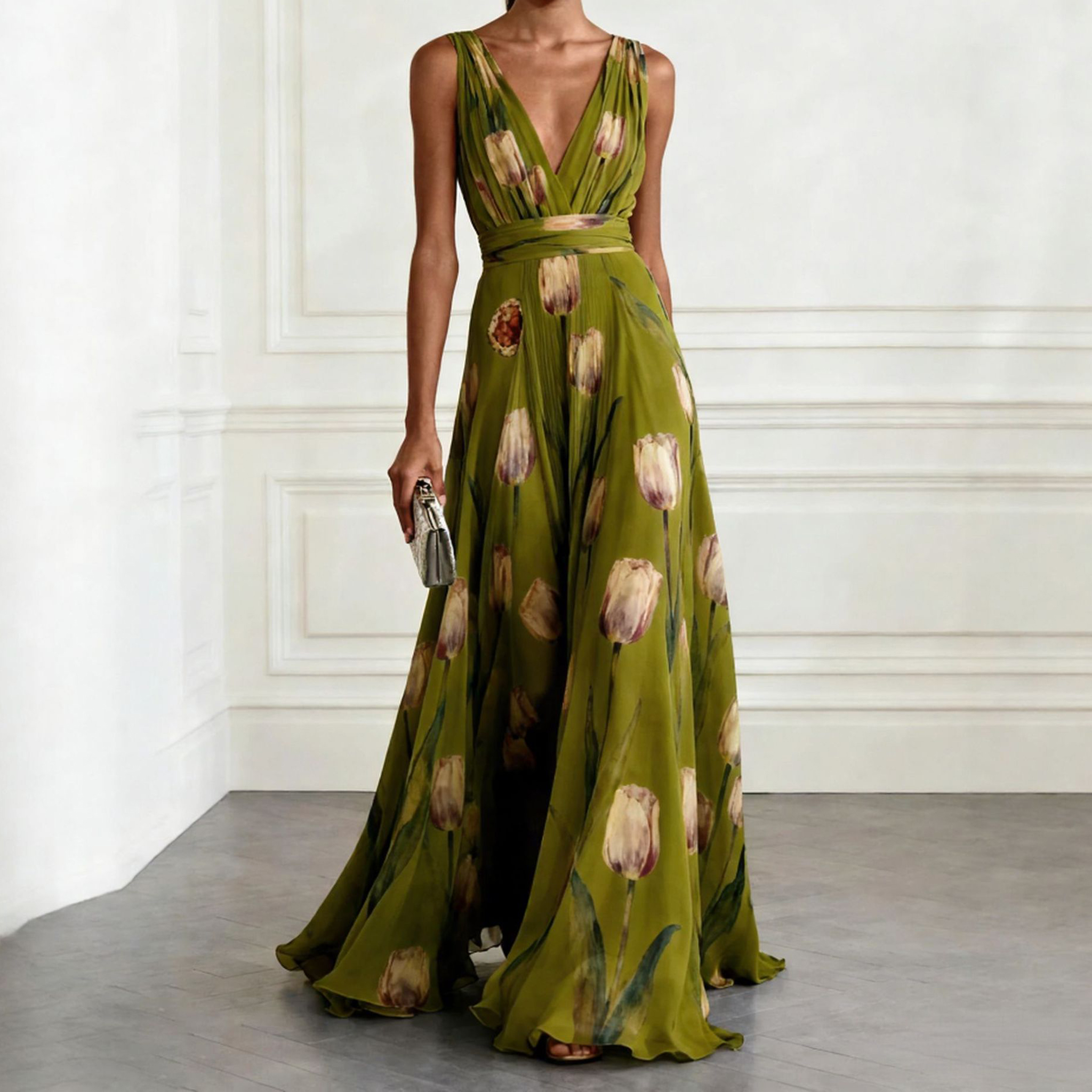 Tulip Print Sleeveless V-neck Maxi Dress