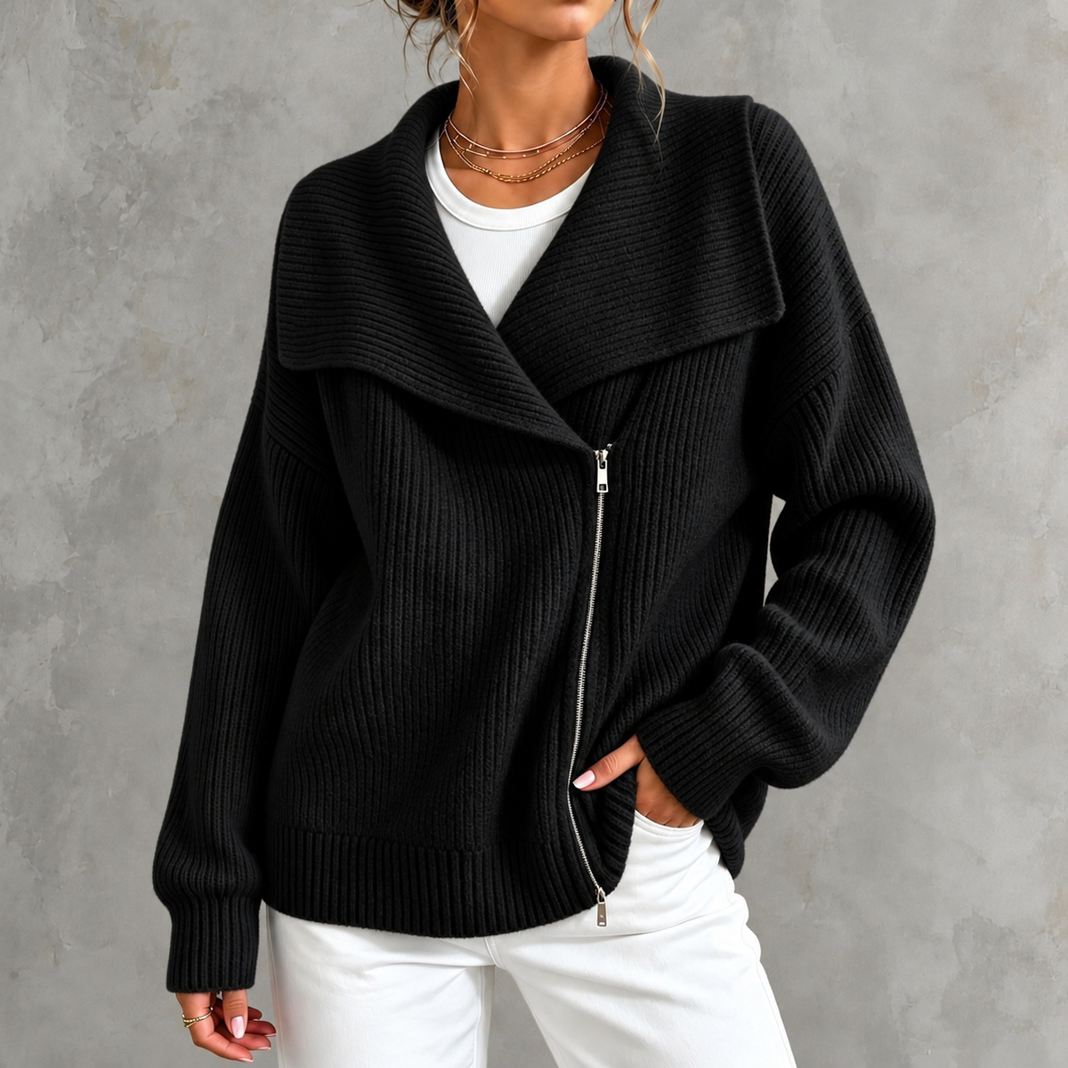 Elegant Solid-color Loose-fit Zip-up Knit Cardigan