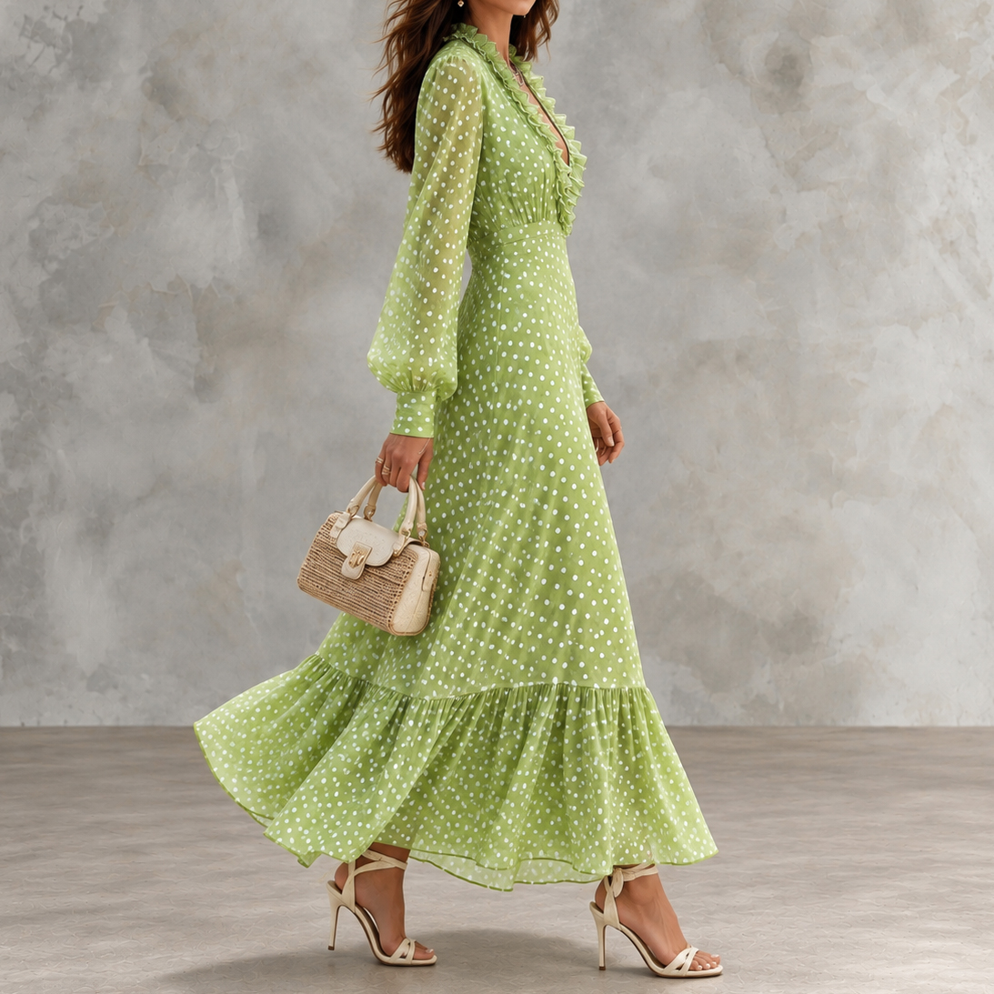 Polka-dot Deep-V Maxi Dress