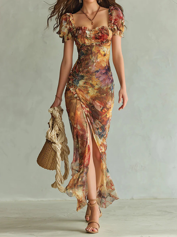 Retro Romantic Floral V-neck Fitted Waist Ruffles Maxi Dress