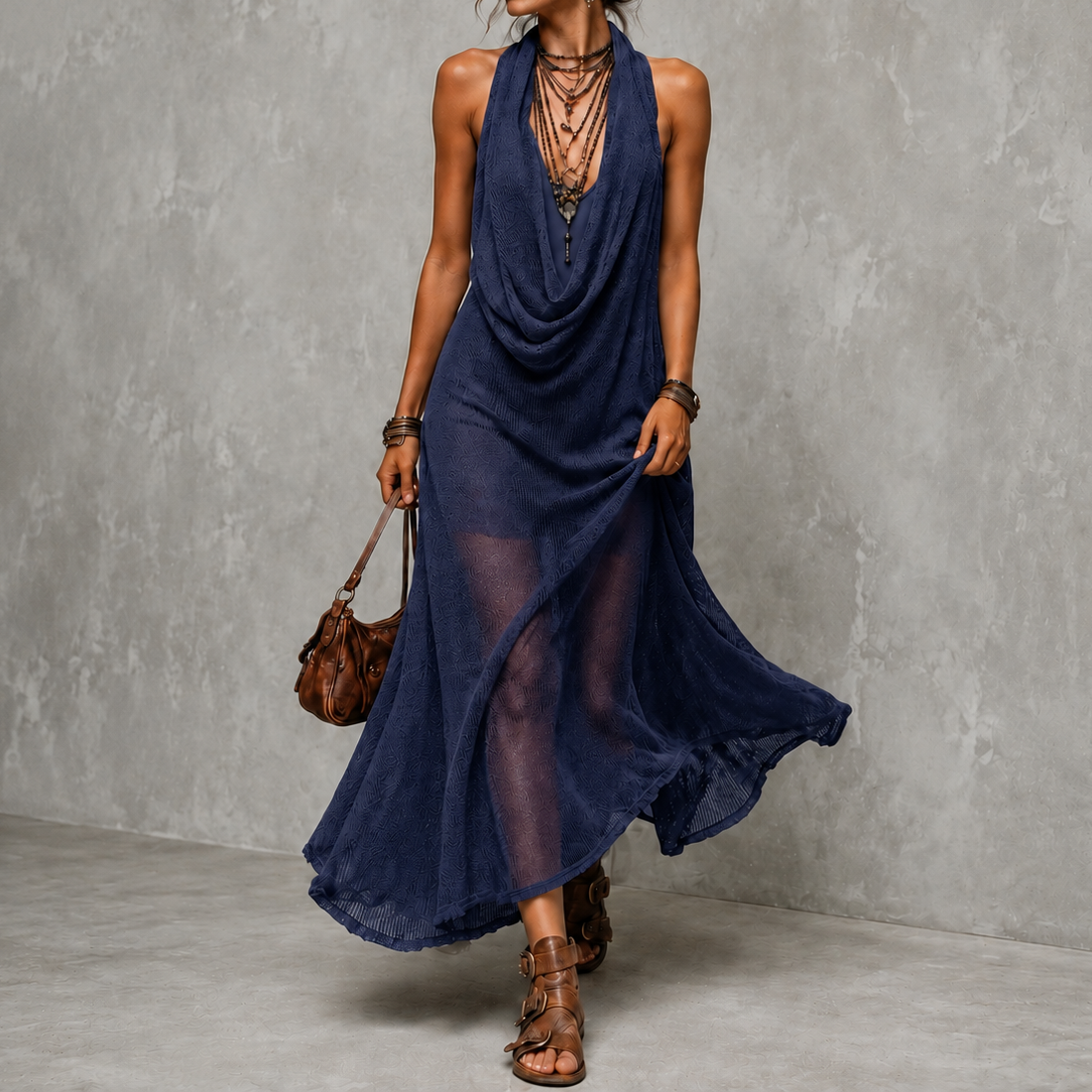 Retro Halter Neck Knit Camisole Dress Two-piece Set Maxi Dress