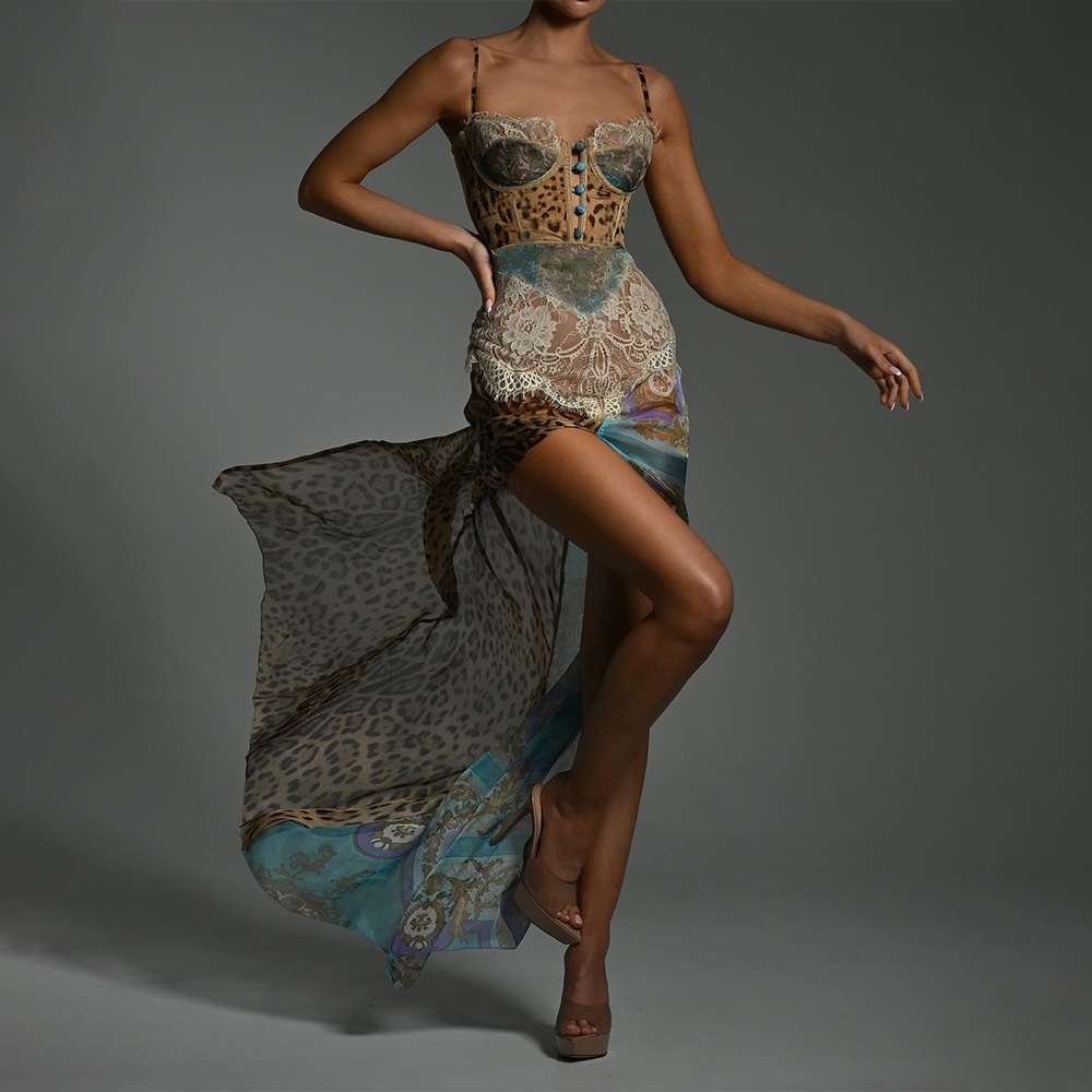 Elegant Vintage Slit Strapless Xiangyunsha Silk Dress