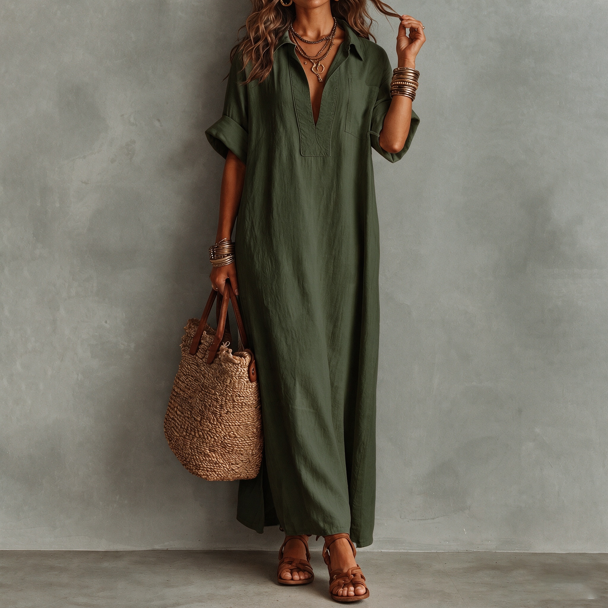 Retro Minimalist Style Loose Solid Color Short-sleeved Shirt Maxi Dress