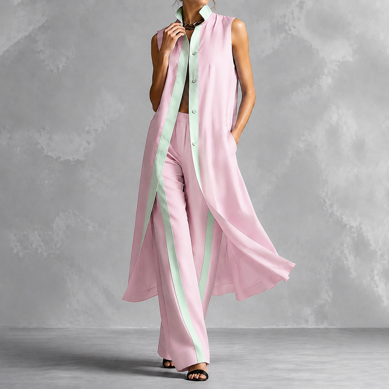 Elegant Two-piece Set Color-blocked Loose Cardigan + Trousers