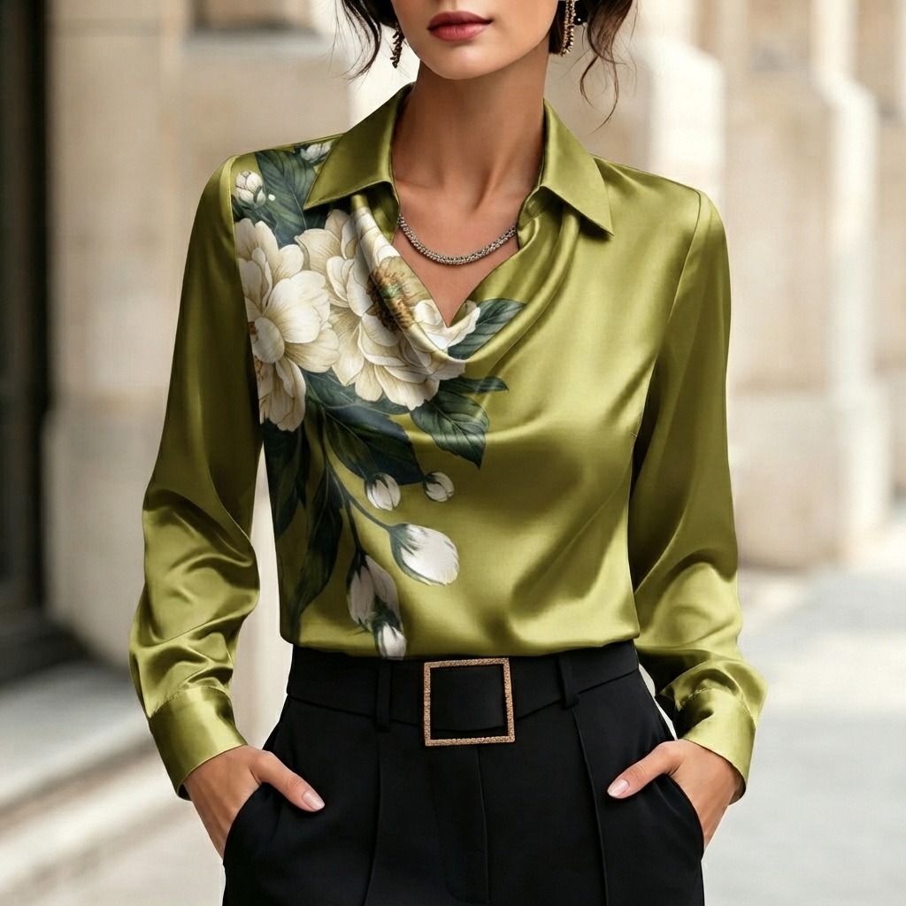 Elegant Satin Shirt Collar Blouse
