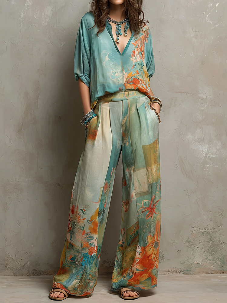 Retro Floral Print Shirt Two Piece Set