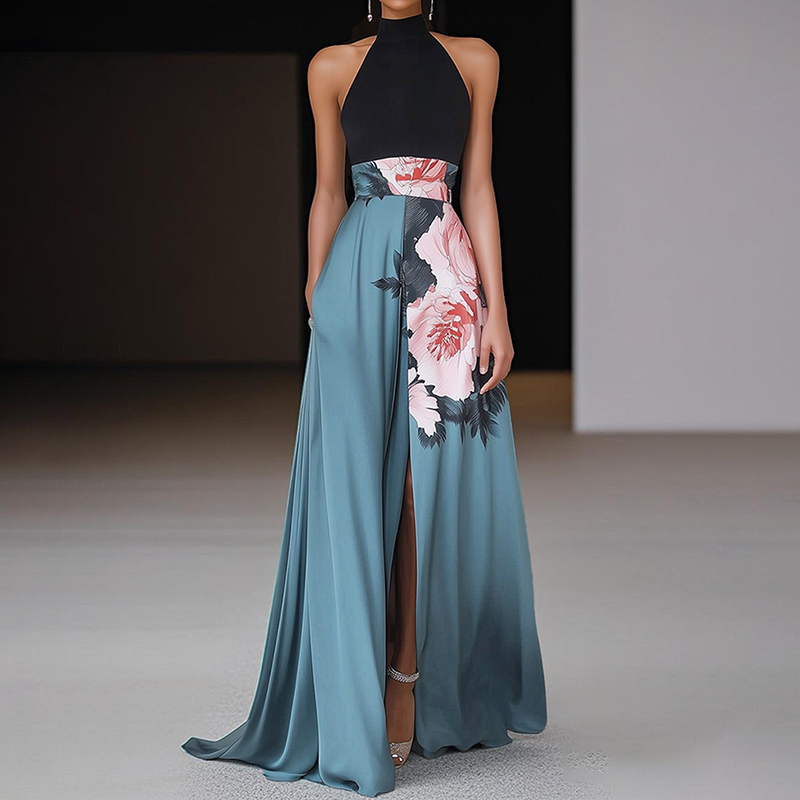 Elegant Floral Design Sleeveless Maxi Dress