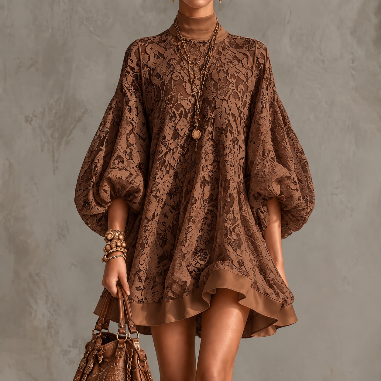 Retro Round-neck Lace Mini Dress