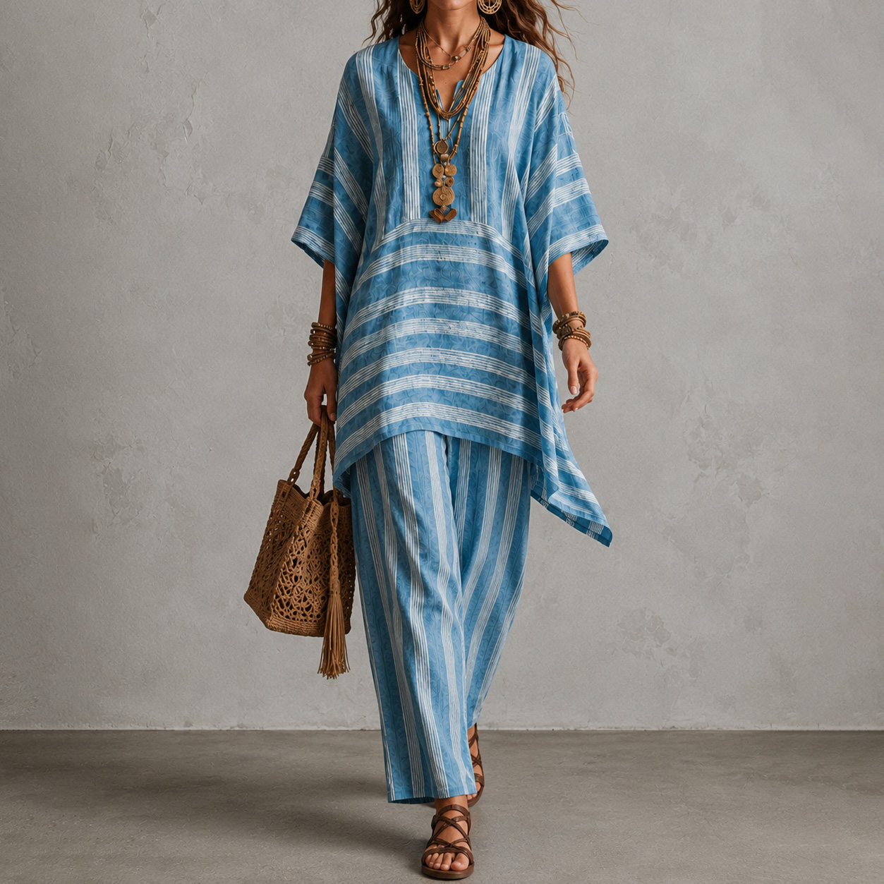 V-neck Loose Striped Top And Loose Wide-leg Pants Two-piece Set
