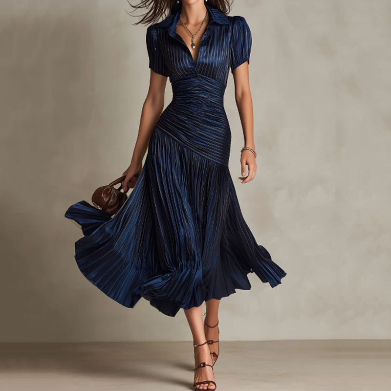 Elegant Striped V-neck Fitted Midi Dress