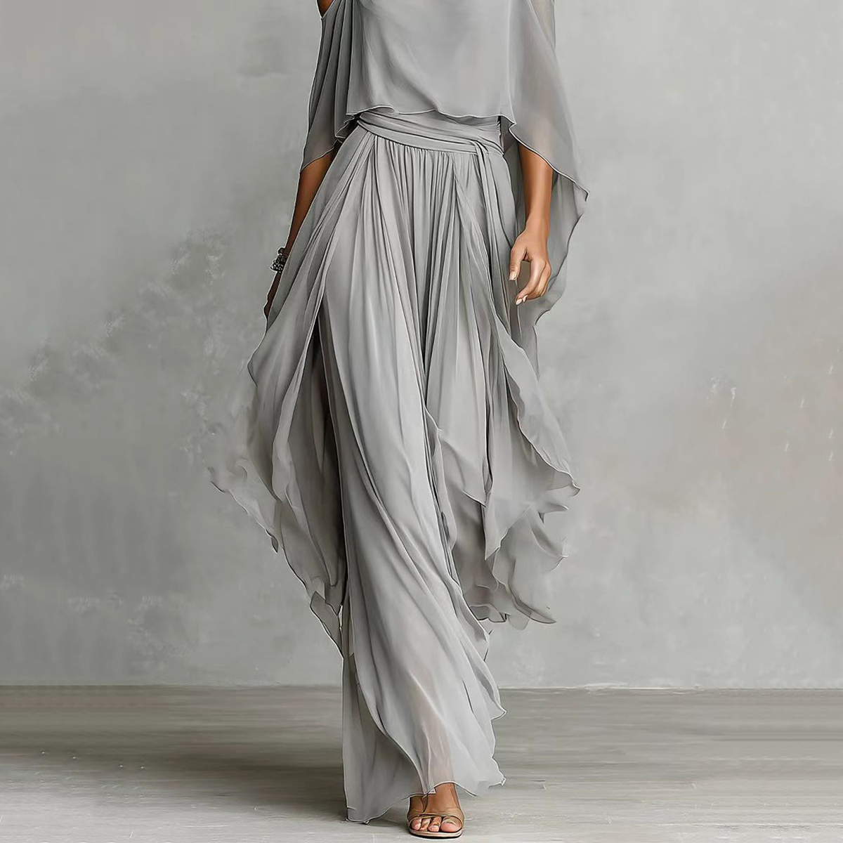 Chiffon Suspender Strapless Flowy Top And Asymmetrical Trousers Two-piece Set