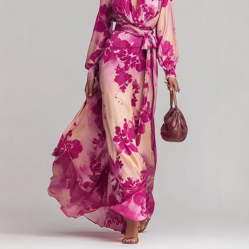 Elegant Printed Chiffon Long-sleeved V-neck Tie Dress