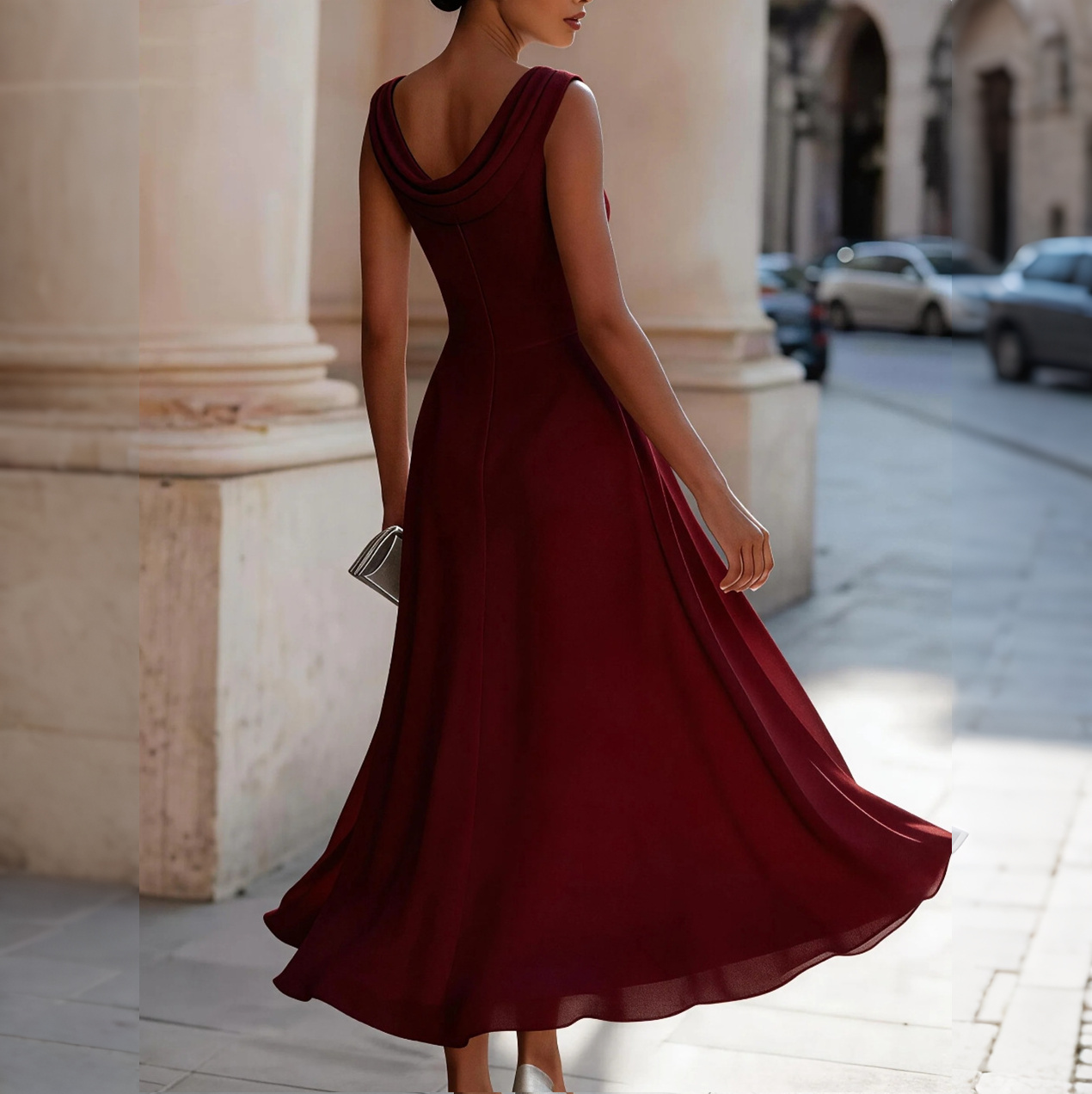 Elegant Stacked Neckline Waist Slimming Midi Dress