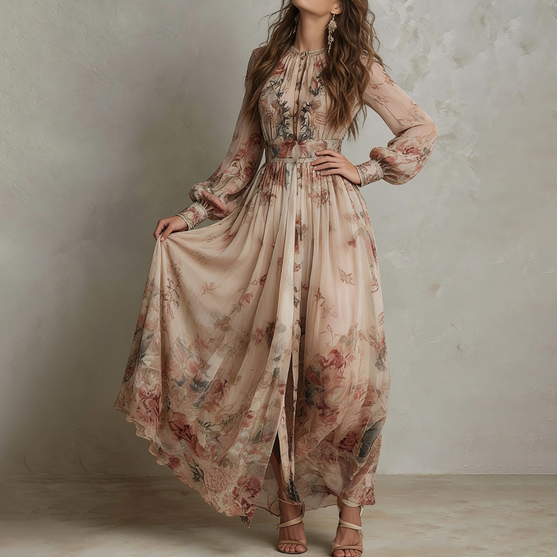 Women's Retro Chiffon Printed Pleated Waist Floral Dress