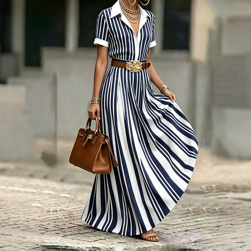 Elegant Striped Art Slim Fit Short Sleeve Dress