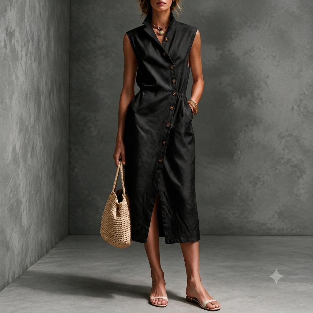 Vacation Sleeveless Lapel Asymmetric Button Midi Dress