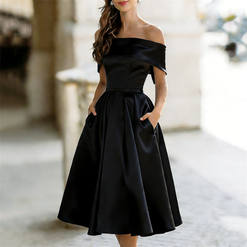 Classy Off Shoulderwide Skirted Satin Maxi Dress