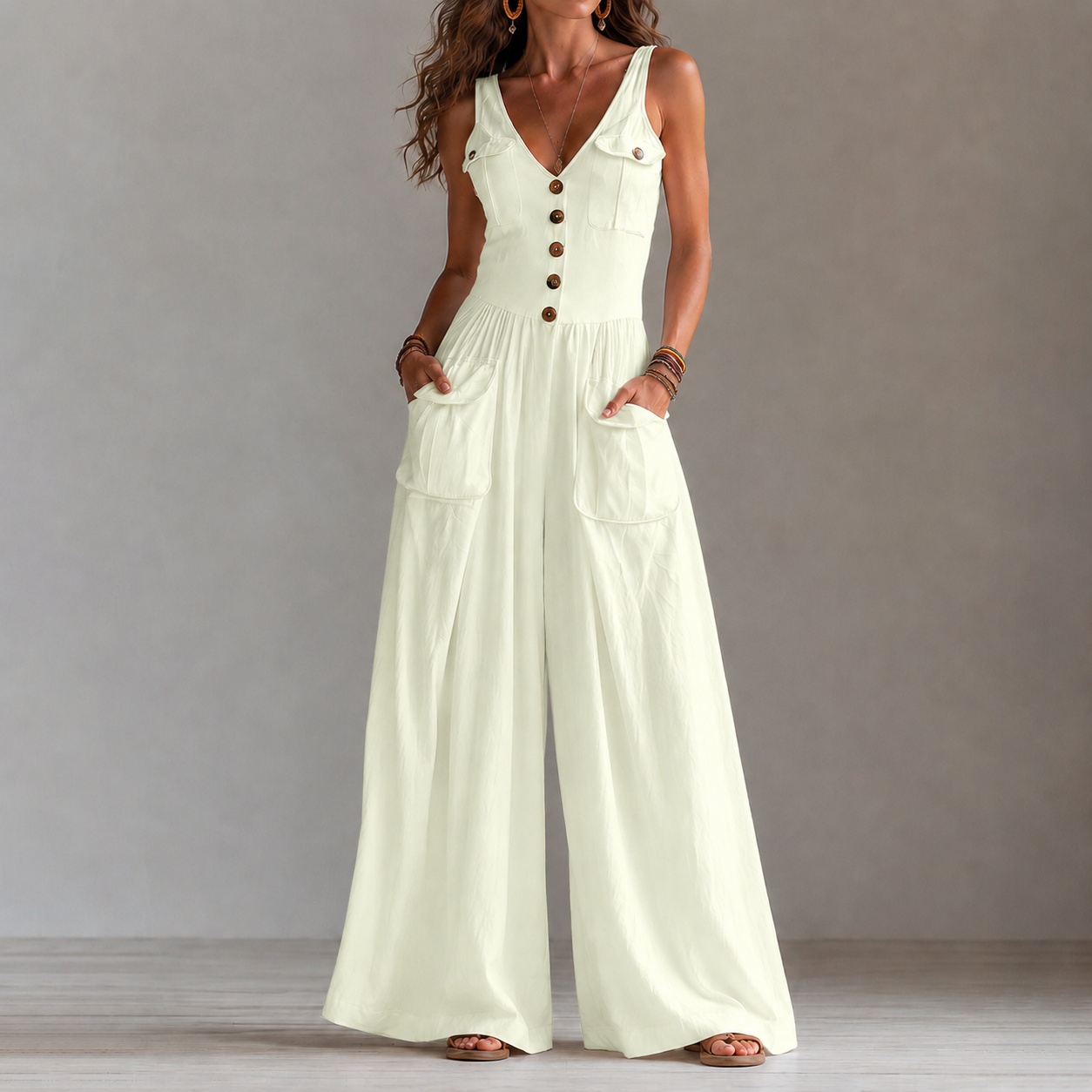 Retro V-neck Button-down Vest Jumpsuit
