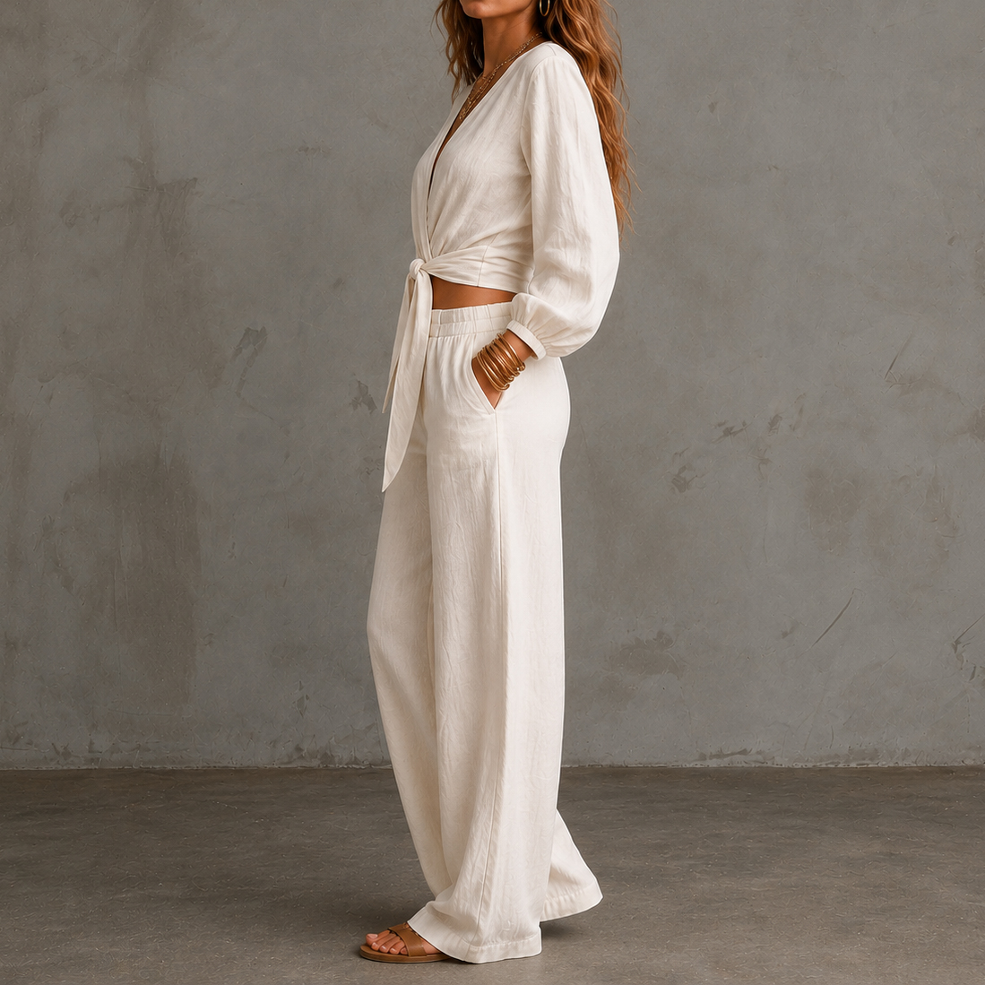 Fitted Waist Belted V-neck Top And Wide-leg Pants Two-piece Set