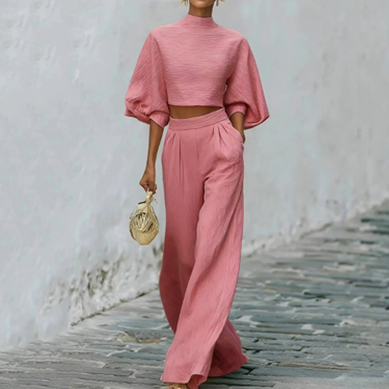 Casual High Waisted With Blended Crop Top Two-piece Set