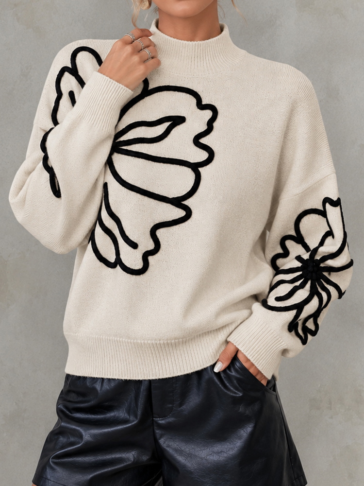 3D Floral High Neck Knit Sweater