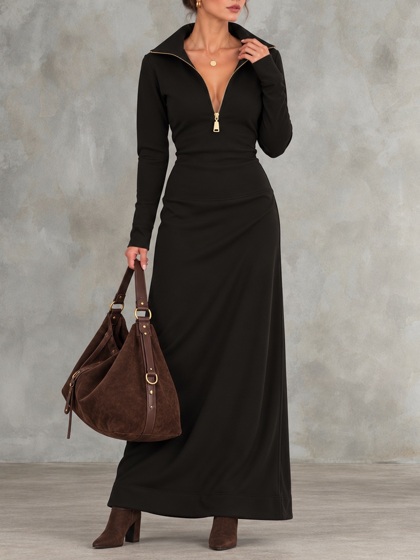 Elegant Solid-color Long-sleeve Casual Polo With A Half-zip Collar Maxi Dress