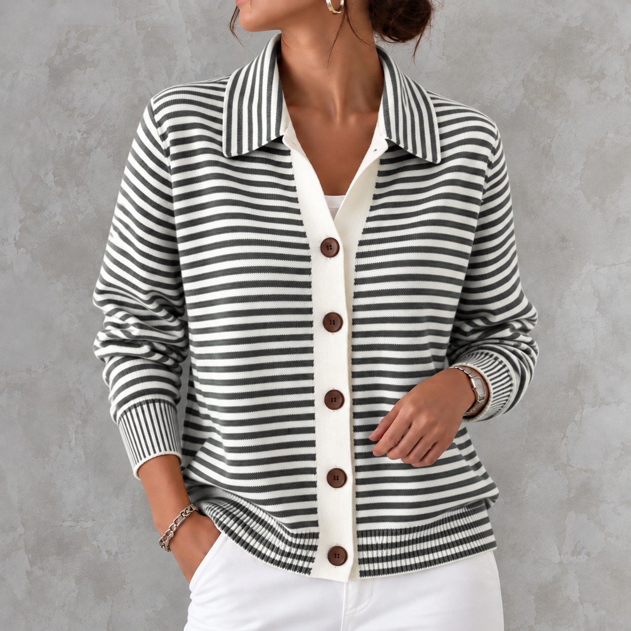Elegant Knitted Striped Cardigan