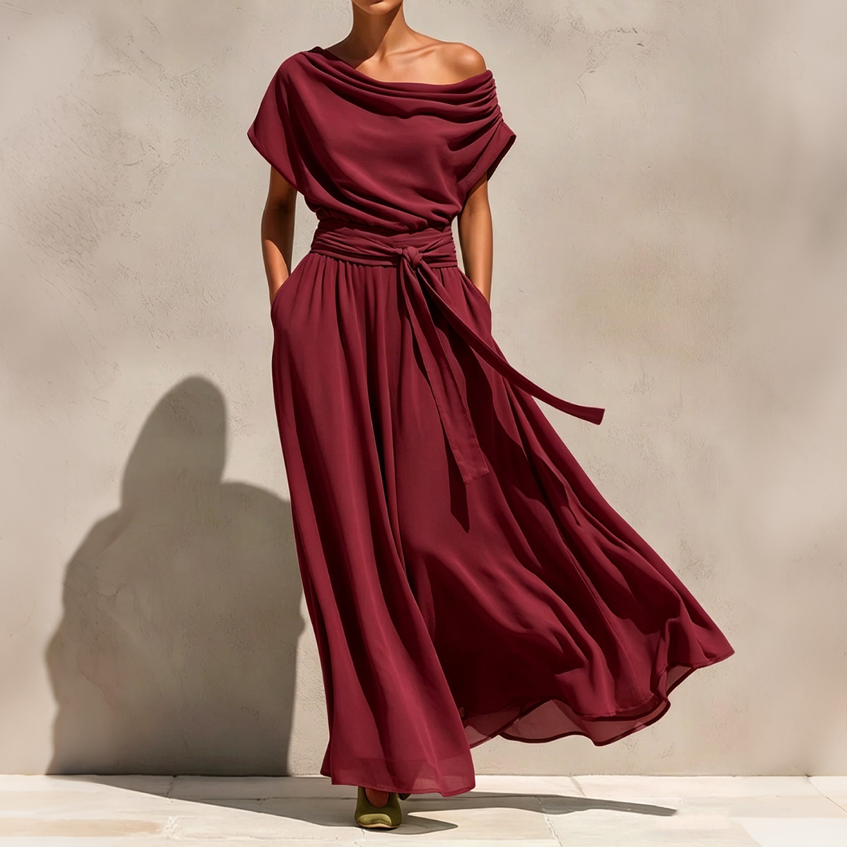 Short-sleeve Pleated Chiffon Waist-cinching Dress