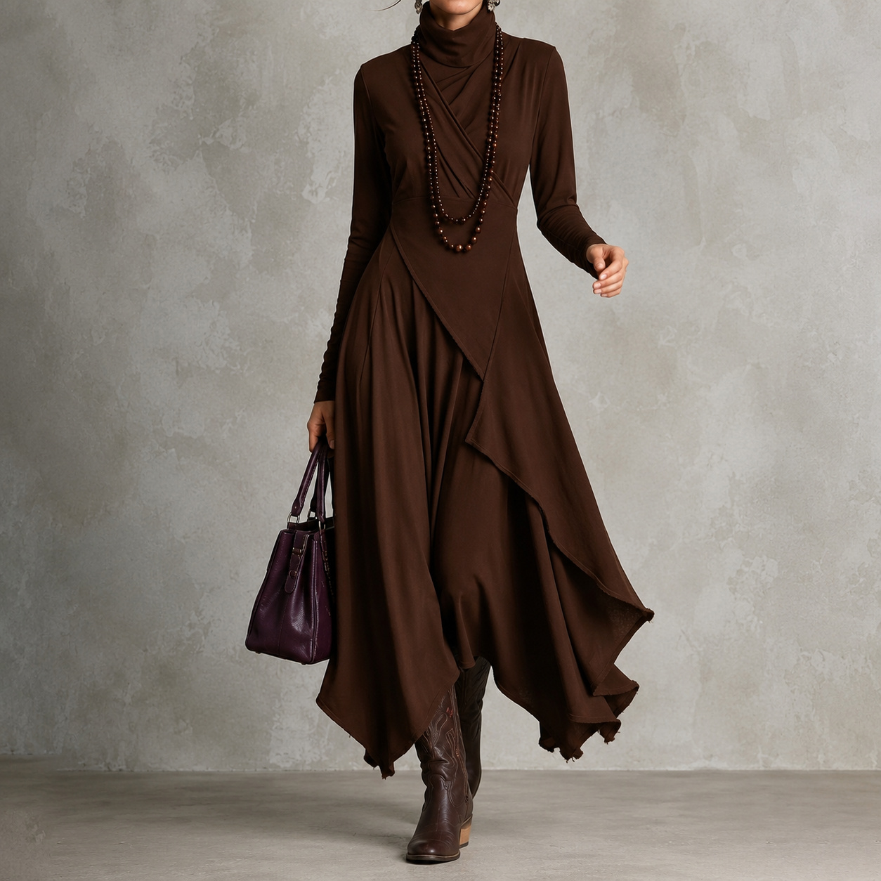 Retro Solid Color Long-sleeved Turtleneck Maxi Dress