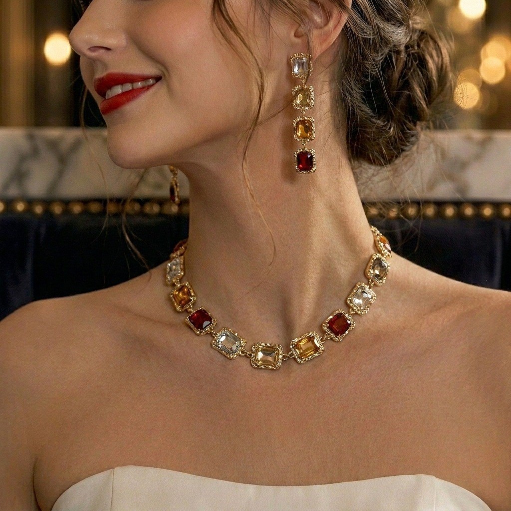 2pcs/set Elegant Square Diamond-encrusted Clavicle Necklace & Earring Party Jewelry Set