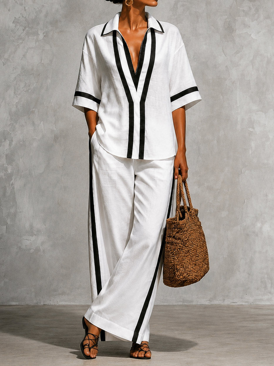 Elegance Two-piece Set Of Color-blocked Short-sleeved Shirt And Wide-leg Pants