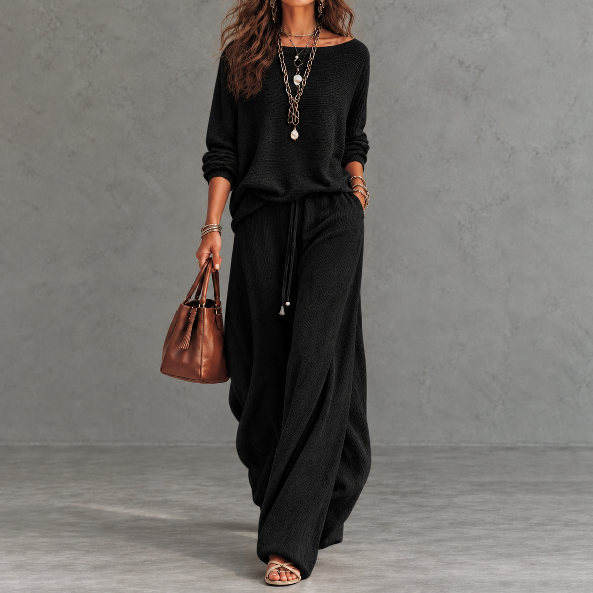 Elegance Boat-neck Dropped-shoulder Long-sleeve Top And Wide-leg Pants Set