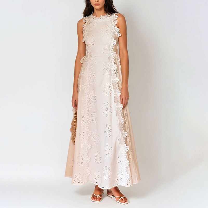 Women's Delicate Lace Hook And Lace Up Sides Maxi Dress