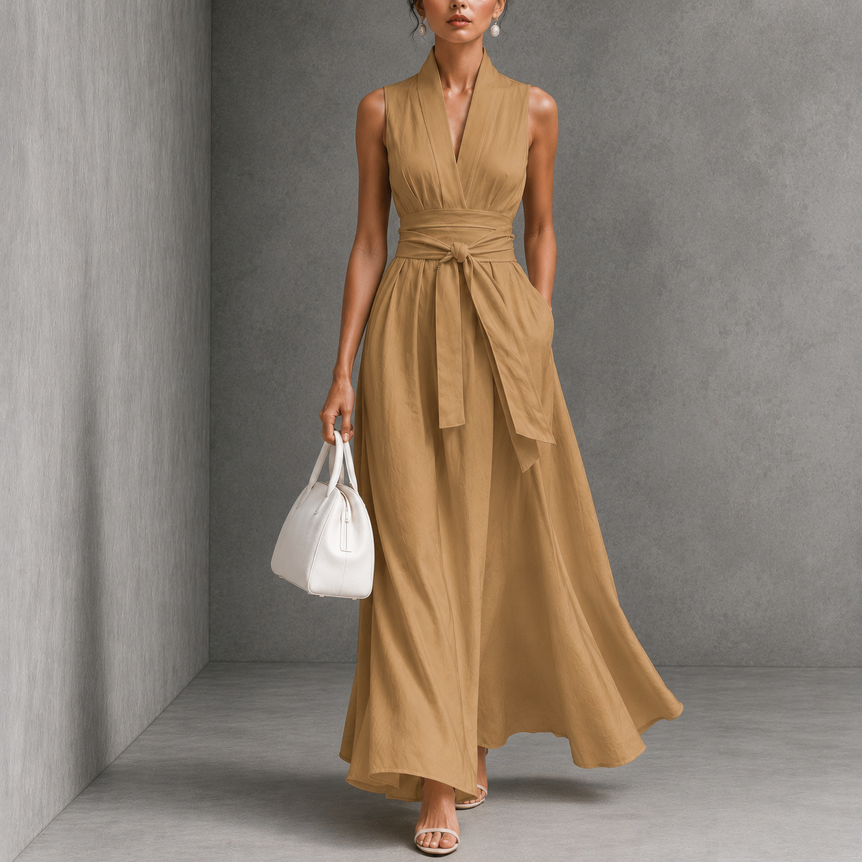Elegant Solid Color V-neck Sleeveless Off-shoulder Fitted Waist Tie Maxi Dress