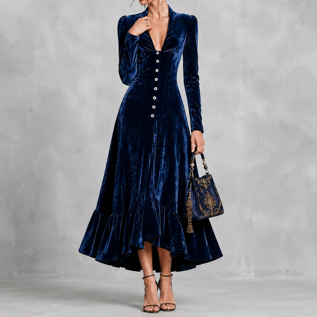 Elegant Solid Color Button-down Collar Long Sleeves Fitted Waist Maxi Dress