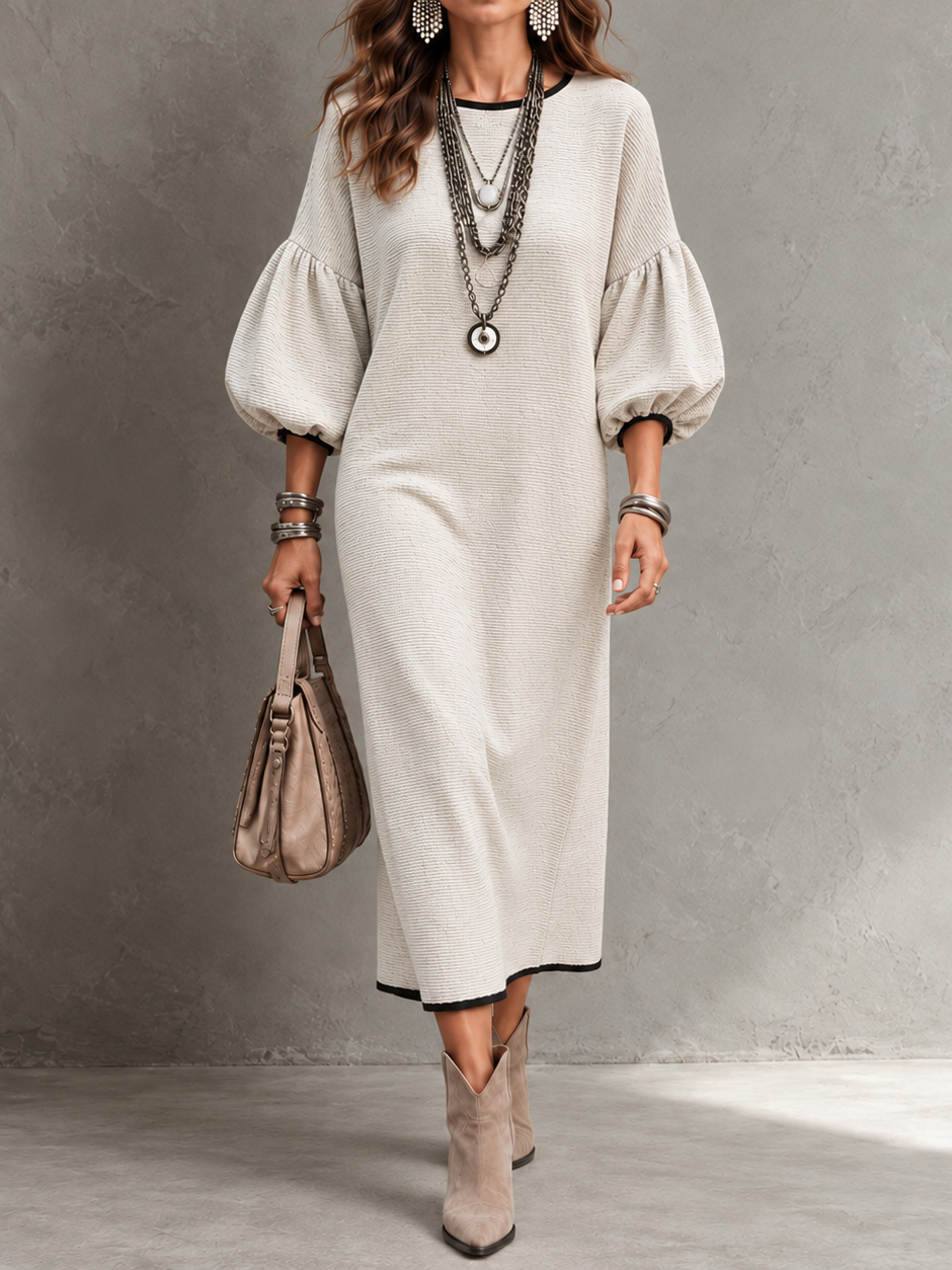 Elegant Solid-color Crew Neck With Puff Sleeves Maxi Dress