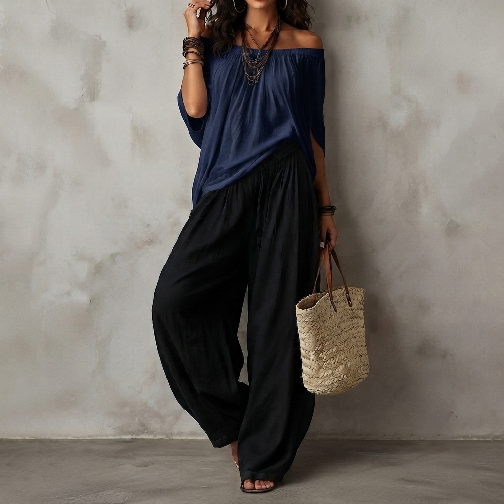 Retro Two-piece Set Wide-leg Pants + Off-the-shoulder Top