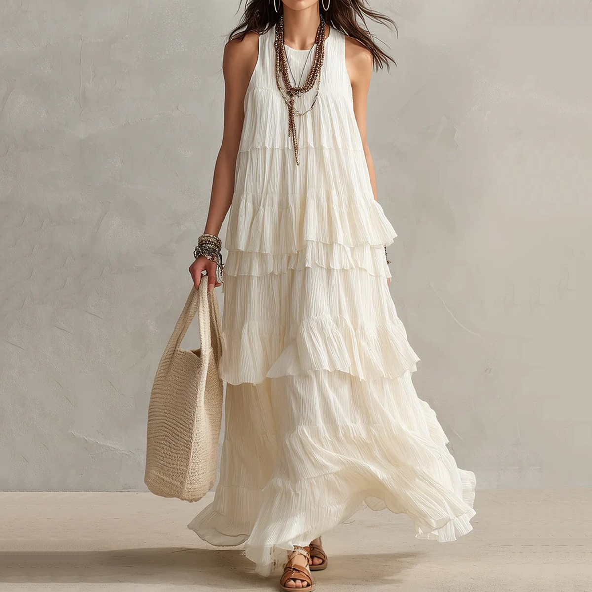 Elegant Solid Color Sleeveless Ruffled Maxi Dress