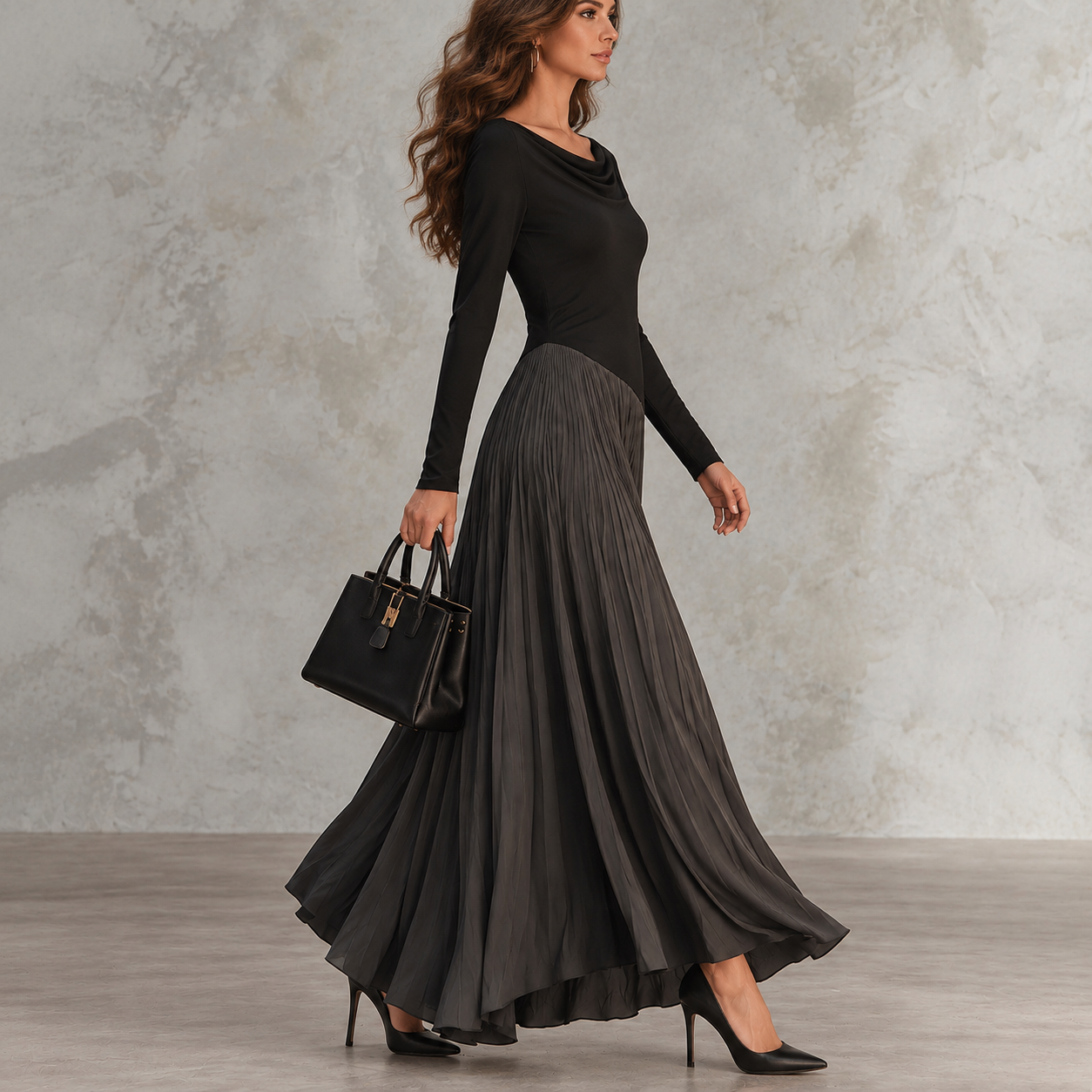 Elegant Long-sleeve Color-block Cowl-neck Maxi Dress